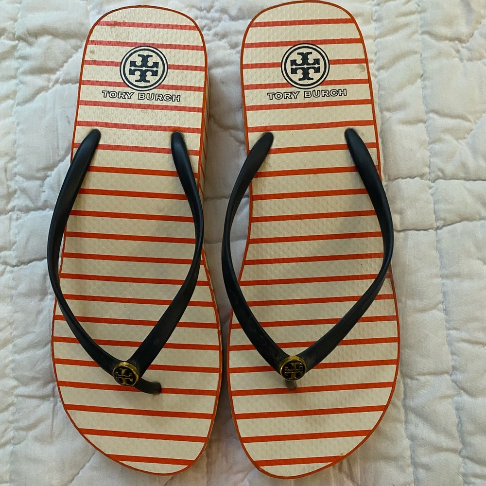 Tory Burch thongs, orange/white/navy, size 11, worn only a few times.